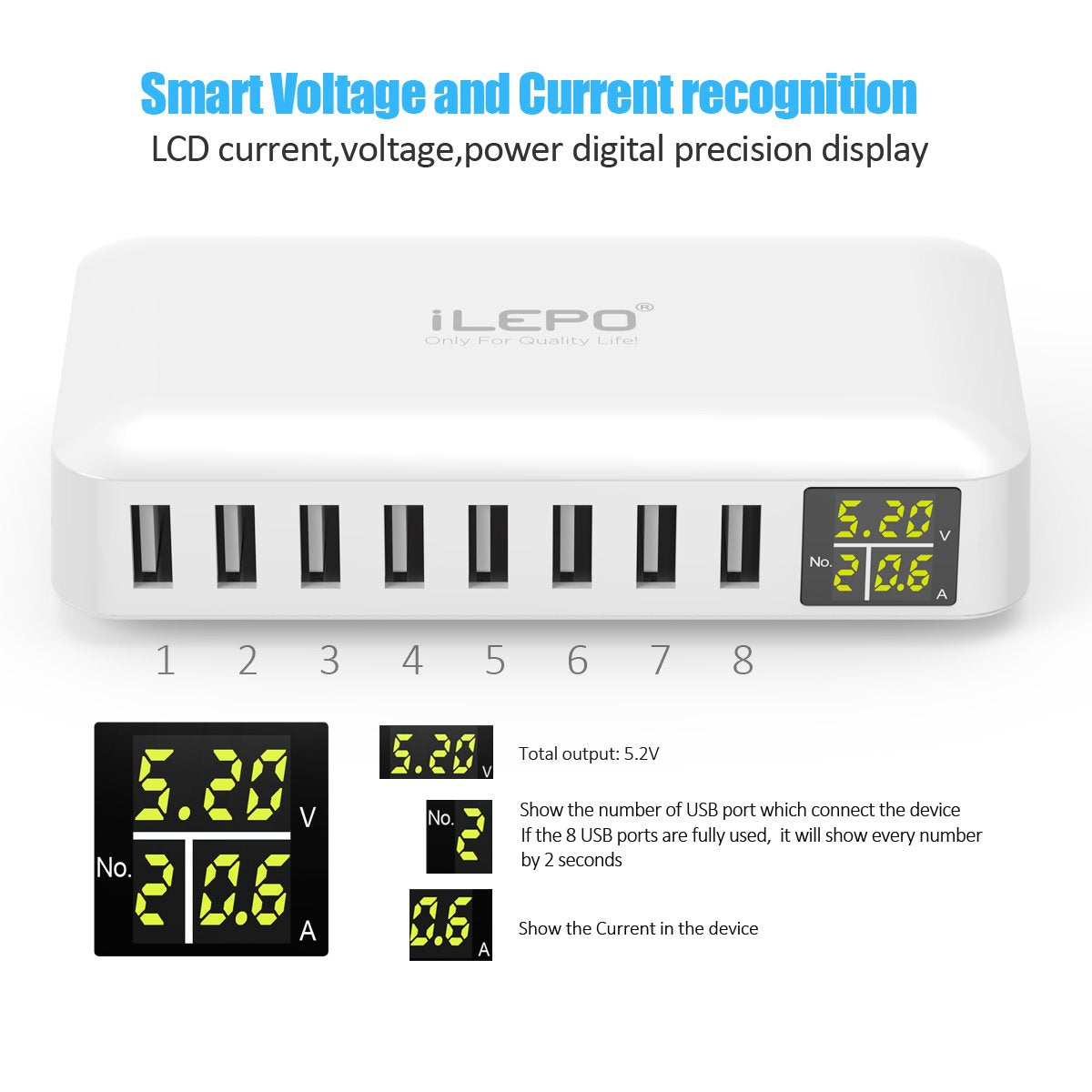 iLepo Smart HUB USB Charging 8-Port Wall Charger with LCD Display 40W MAX 8A Desktop USB Multi-Port Charging Station For iPhone Tablets iPad Samsung HTC [2 Years Warranty]