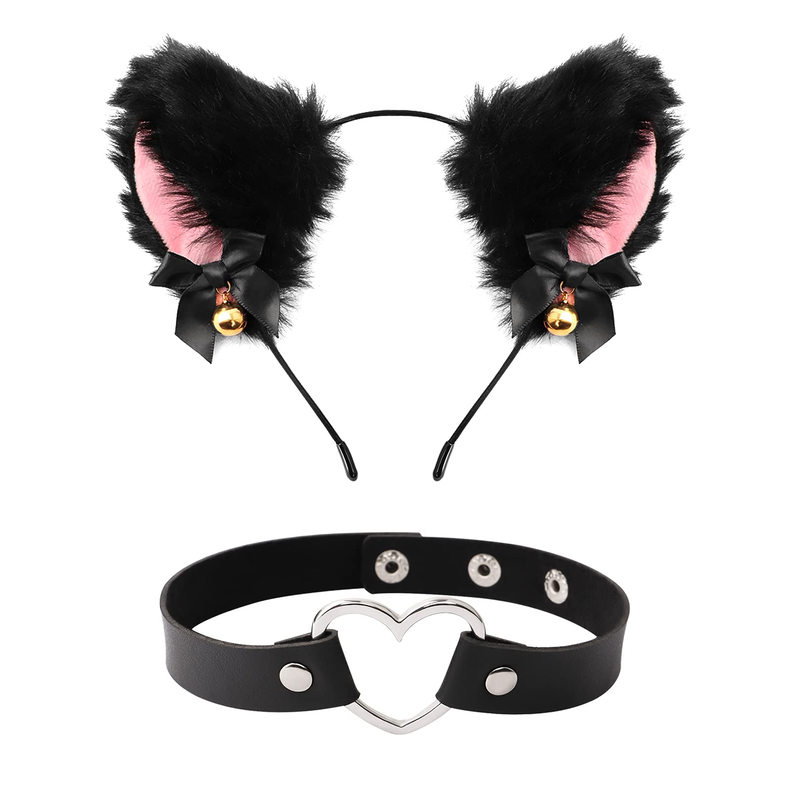 Cat Ears Headband, Cat Ears Hair Hoop and Punk Fashion Choker, Cute Cat Ears Hair Band with Bell for Women Girls Cat Cosplay Fancy Dress Party