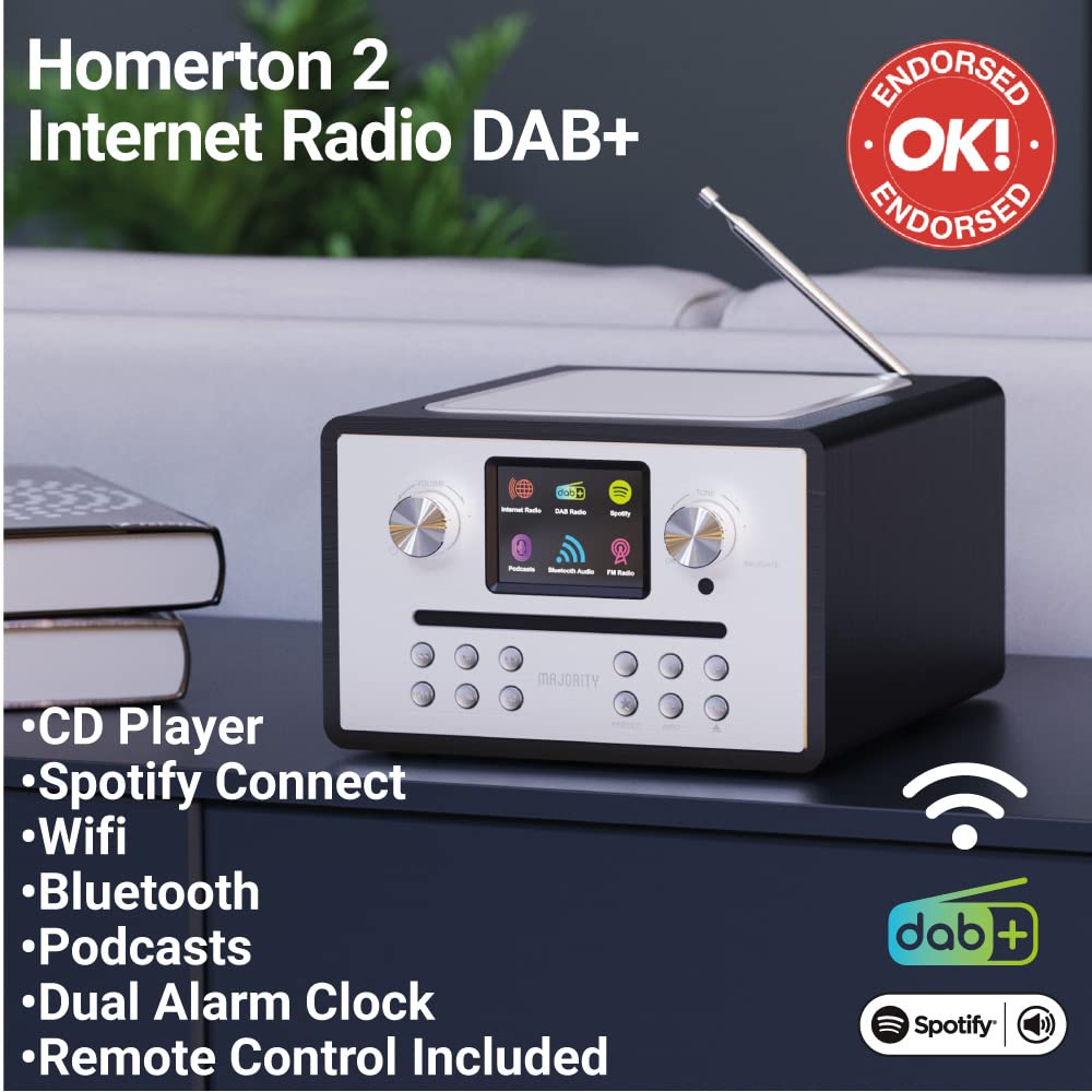 CD Player with Internet, DAB and FM Radio | Smart Radio with Spotify, Podcasts, Bluetooth, 40+ Presets, TFT Display and Universal Plug & Play | Majority Homerton 2 CD Player and Digital Radio | Oak