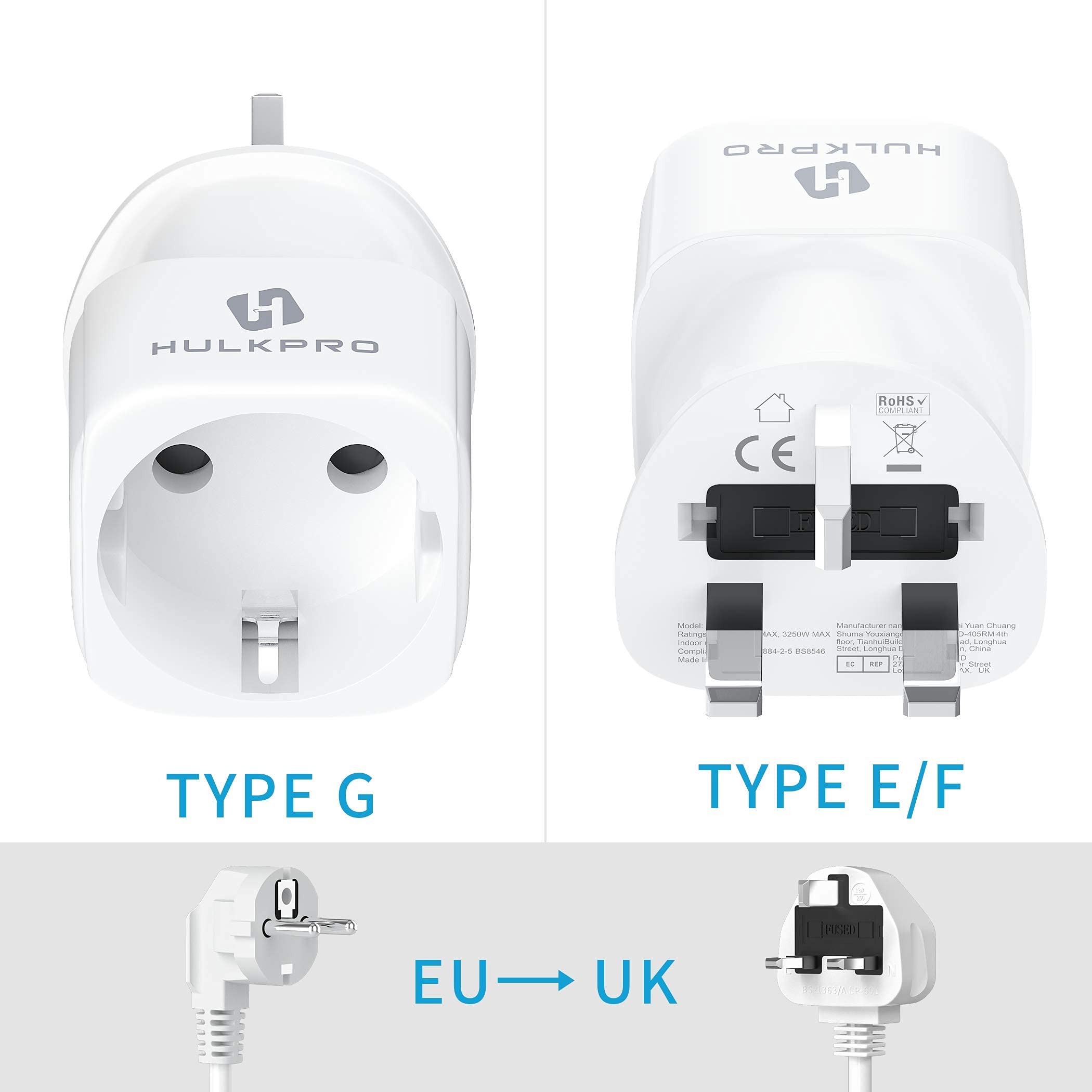 2 Pack Hulkpro European to UK Adapter, 13amp fuse 3250W, Plug Adaptor EU to UK Plug Adapter 2 Pin to 3 Pin for Travel for Shaver Toothbrush Hairdryer From France, Italy, Spain, Germany Euro to UK