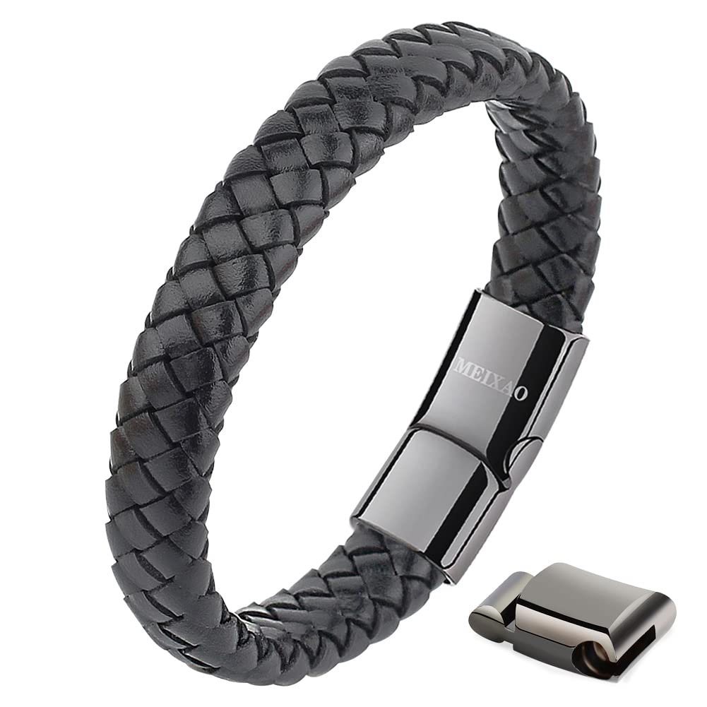 Meixao Bracelet for Men Braided Classic Style Cowhide Genuine Leather Adjust-Able Magnetic Closure