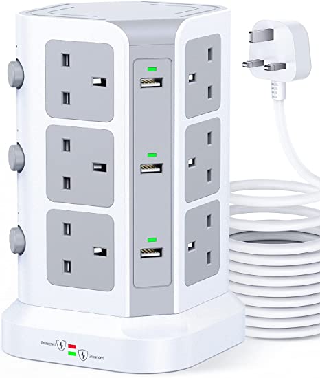 Tower Extension Lead With 5M Cable by KOOSLA, [13A 3250W] Surge Protector - 12 AC Outlets & 6 USB Ports Multi Plug Socket Charging Station , Tower Power Strip for Home, Office,Kitchen