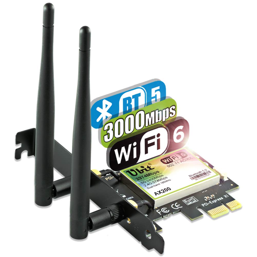 Ubit WiFi Card, AX/AC WiFi 6 Card Dual Band 2974 Mbps AX200 PCIE Bluetooth WLAN Network WiFi Card with Bluetooth 5.0 | MU-MIMO| OFDMA| Ultra-Low Latency, Support WIN 10-64B