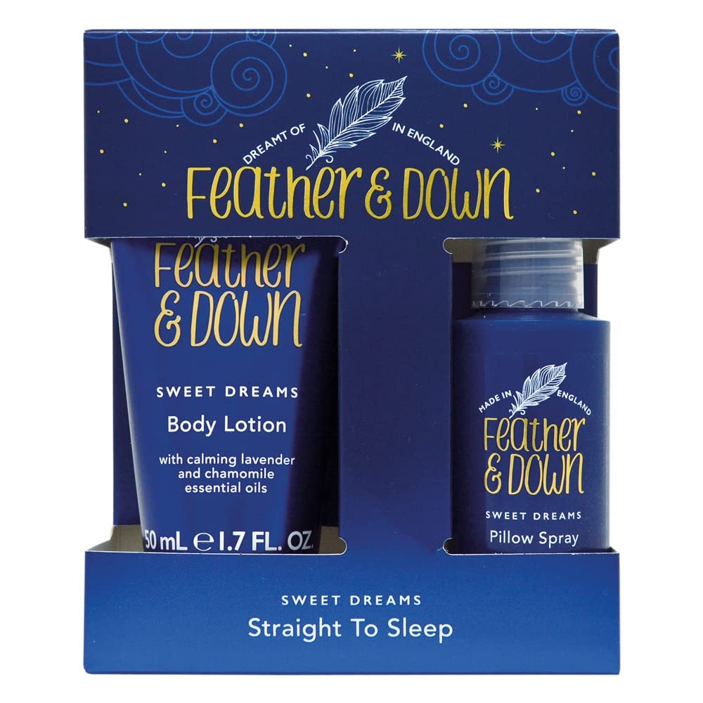 Feather & Down Straight to Sleep Gift Set (50ml Pillow Spray & 50ml Body Lotion) - The perfect sleep duo, infused with lavender & chamomile essential oils. Vegan Friendly & Cruelty Free.