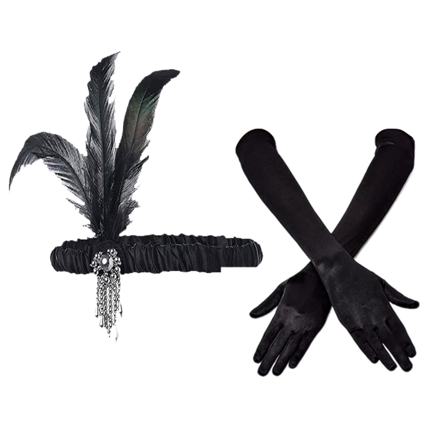 VIKSAUN 2 Pieces 1920s Flapper Headband Accessories Set, Vintage Flapper Feather Headband, Black Long Gloves, Feather Headband, Costume Prom Wedding Carnival Party, 20s Hair Accessories (2 Pieces)