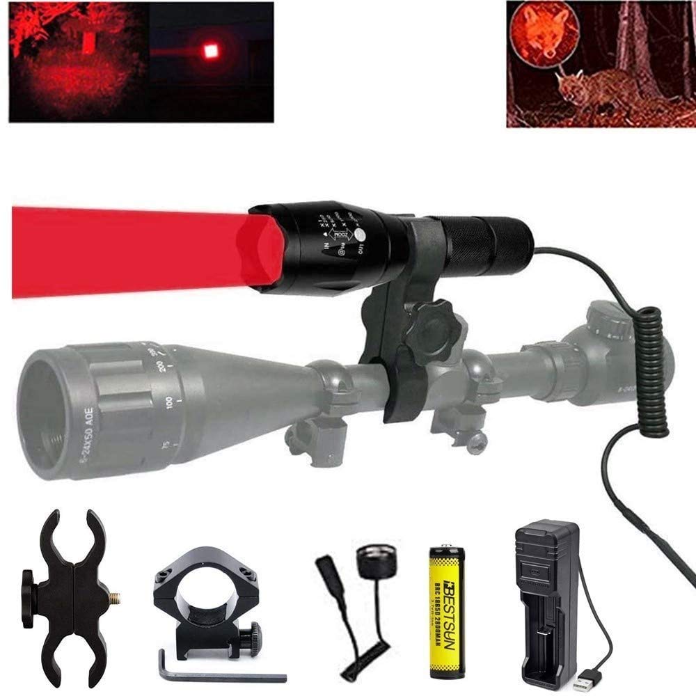 LUXJUMPER Red Light Hunting Torch, 350 Yards Red Predator Light Zoomable Tactical Hunting Led Flashlight Coyote Varmint Hunt Torches with Pressure Switch, Rail & Scope Mounts, Battery and Charger