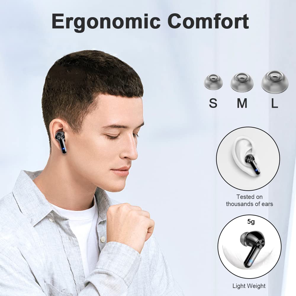GCBIG Wireless Earbud, Bluetooth 5.2 Headphones with Mic, Wireless Earphones HiFi Stereo Immersive Bass Sound, Wireless Headphones with USB-C Charging, Touch Control, IP7 Waterproof, 40H Playtime
