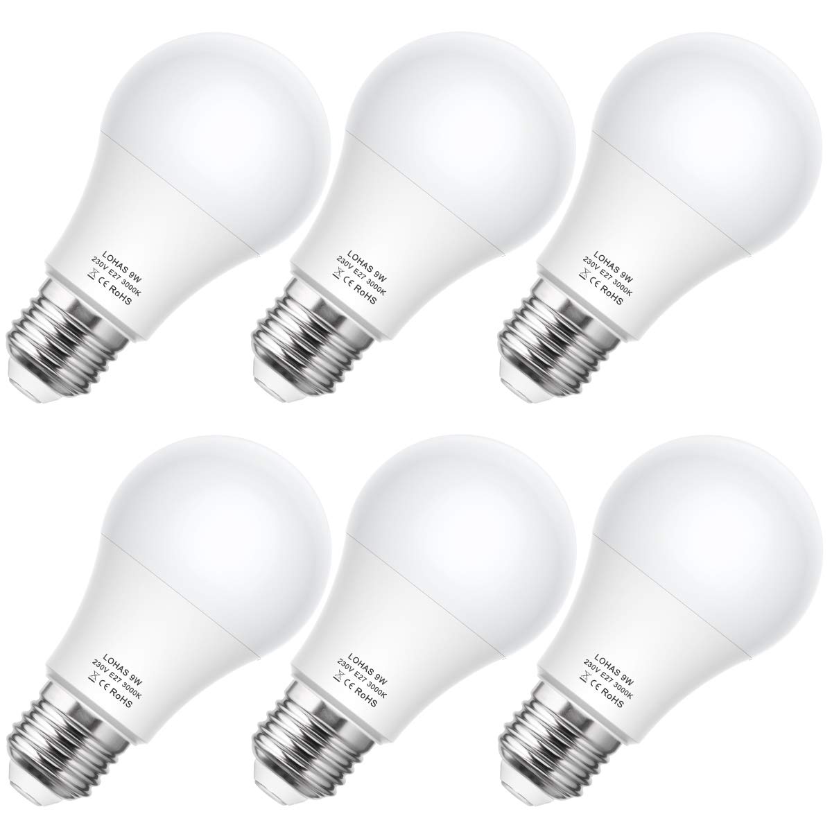 E27 LED Light Bulbs, 820LM, 60W Equivalent, LOHAS 9W Classic Shape, Warm White 3000K, A60 Globe Edison Screw Bulb, Non Dimmable, 6 Pack