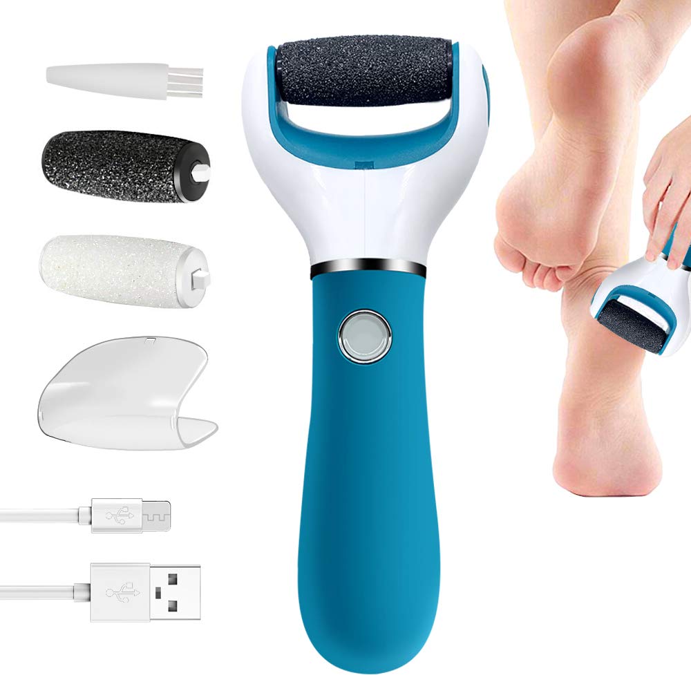 BOMPOW Electric Foot File, Hard Skin Remover for Feet, Pedicure Tool with 2 Roller and Rechargeable Callus Foot Care Tool for Dry Dead and Cracked Feet, Blue