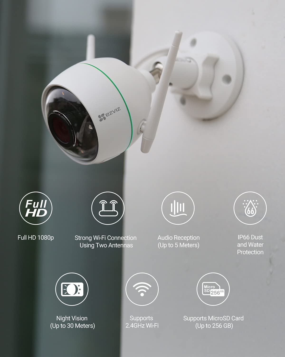 EZVIZ Outdoor Security Camera WiFi 1080P, 30M Night Vision, IP 66 Waterproof, Motion Detection, Cloud/SD Card Storage, Work with Alexa (C3WN)