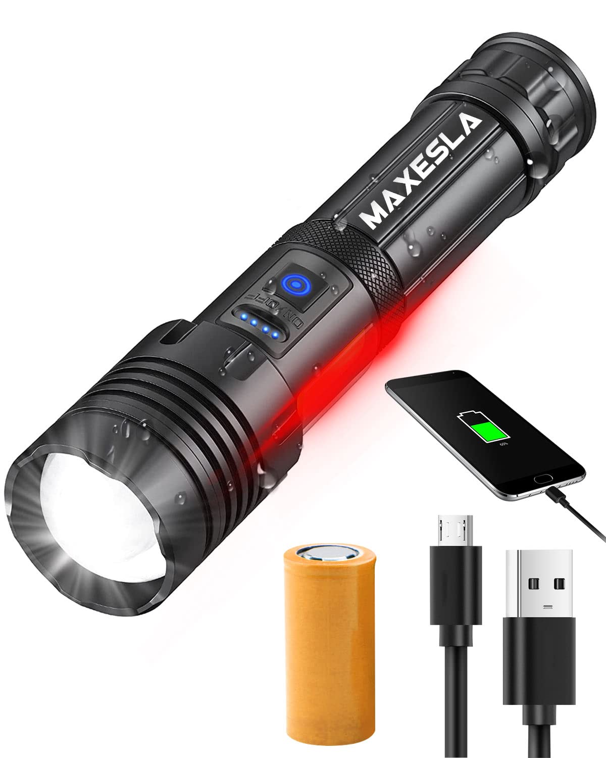 Maxesla COB LED Torch Rechargeable 3000LM, 3000mAh Battery Torches LED Super Bright with Side Light, IPX5 Waterproof Rechargeable Torch 7 Modes Adjustable Focus, Camping torch with USB Port Flashlight