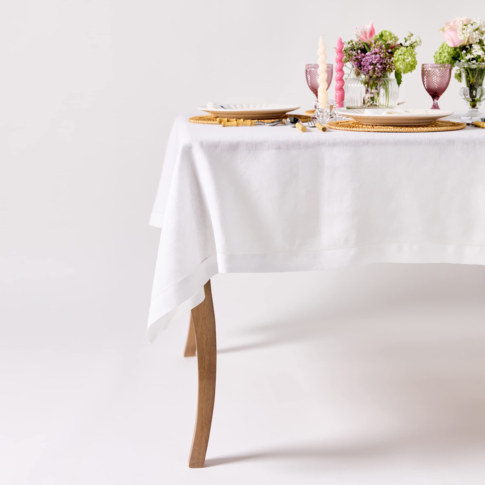 Linen tablecloth - 100% pure linen white tablecloth - Hemstitched edge white table cloth - 150 x 250cm for 6-8 seater table - By London brand, Clio and Clover