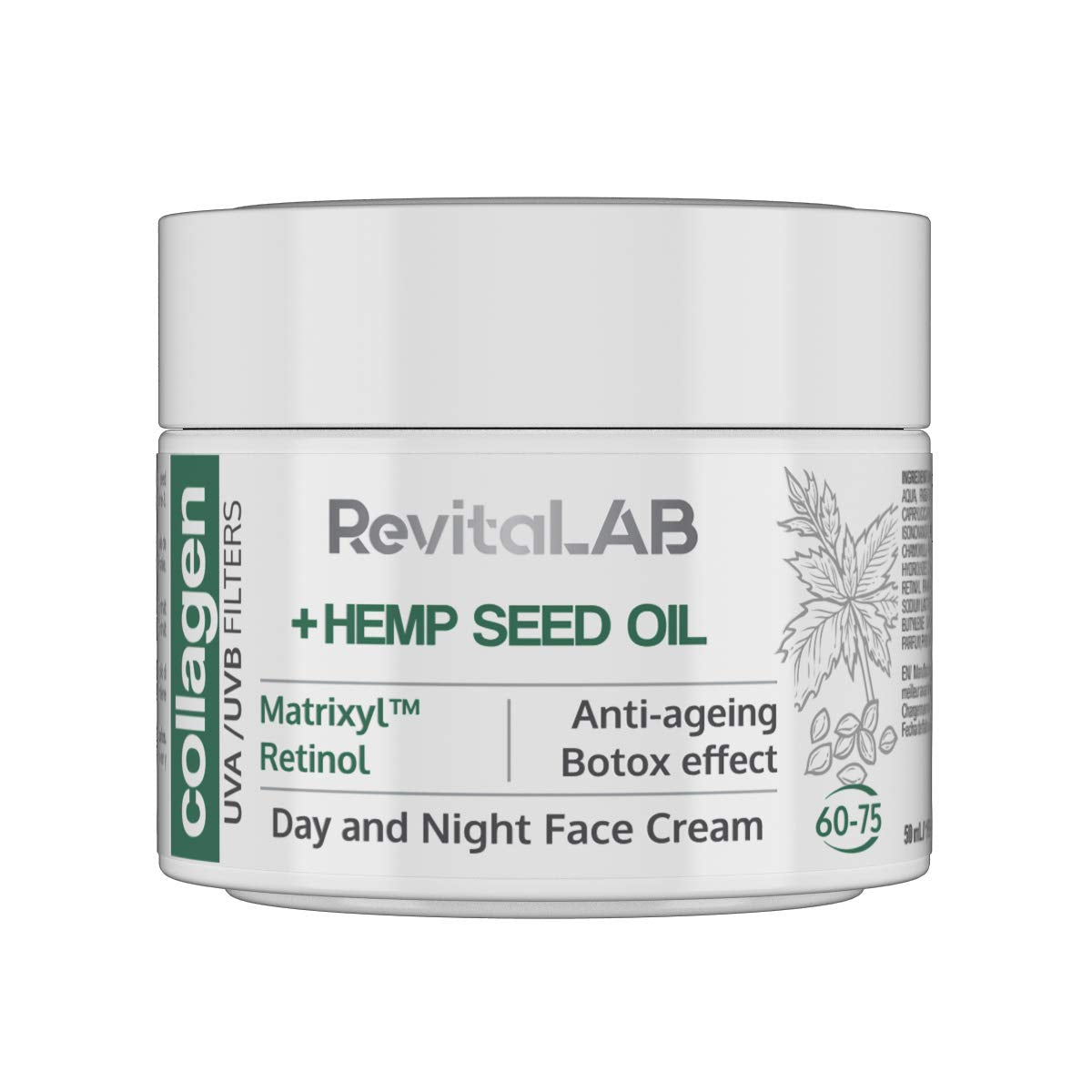 RevitaLAB Day and Night Collagen Anti-Ageing Moisturiser, Enriched with Hyaluronic Acid, Matrixyl® 3000, Hemp Seed Oil and a UVA/UVB Filter, for Ages 60 - 75, 50 ml