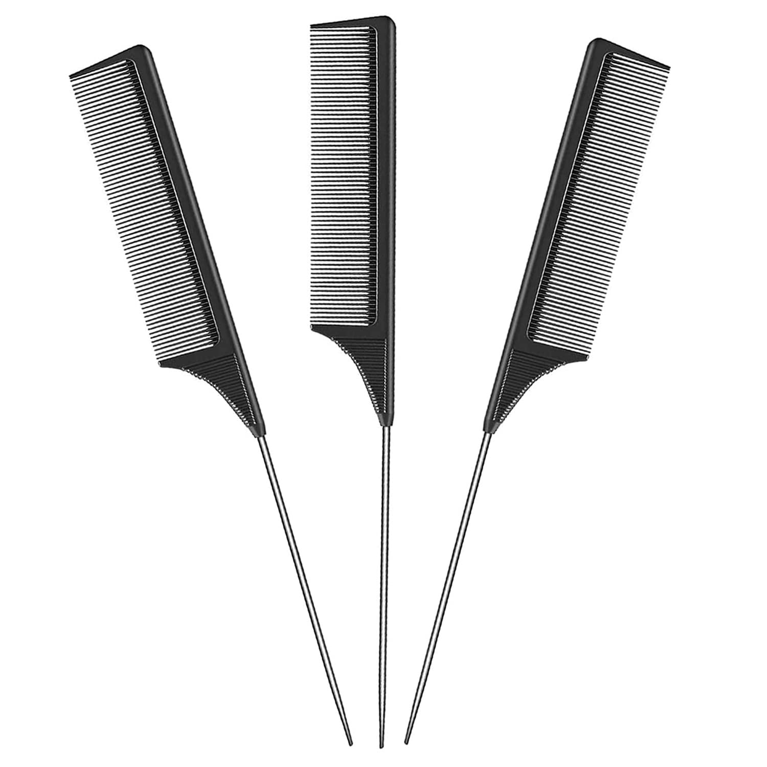 3 Packs Salon Hair Comb,Pintail Comb,Stainless Steel Handle Comb, Anti-static Tail Comb Sectioning Comb,Heat Resistant Carbon Lift Teasing Combs for Home