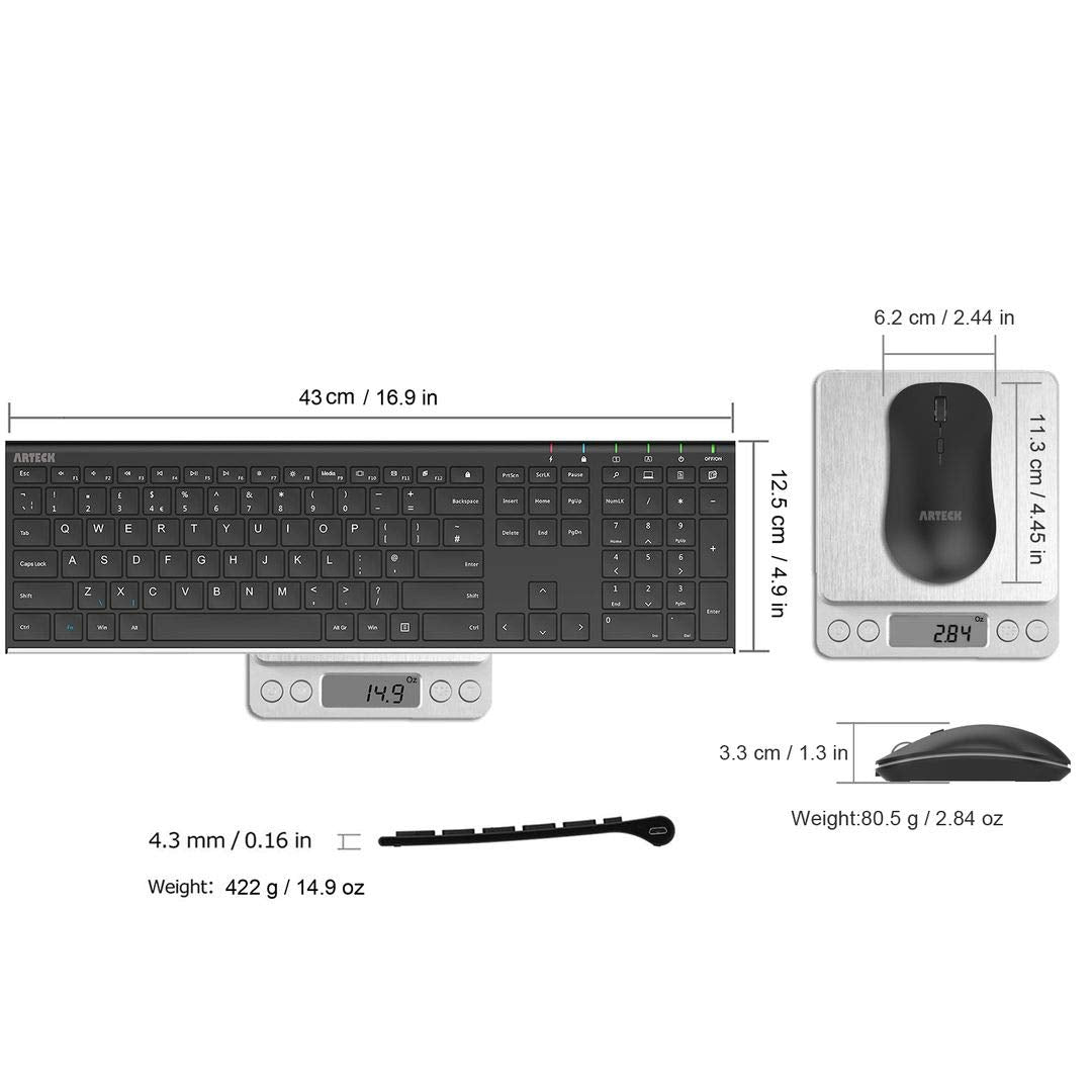 Arteck 2.4G Wireless Keyboard and Mouse Combo Stainless Steel Ultra Slim Full Size Keyboard Keyboard and Ergonomic Mice for Computer Desktop PC Laptop and Windows 10/8/7 Build in Rechargeable Battery
