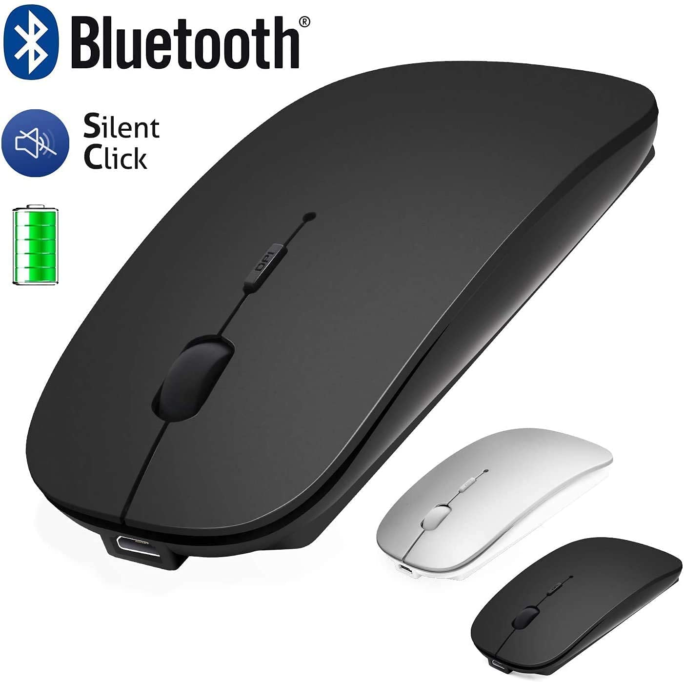 Wireless Bluetooth Mouse for Laptop / Macbook / iPad / iPhone (iOS13.1.2 and Later), Rechargeable Noiseless Mini Mouse Compatible with Android/ Windows/Linux Black