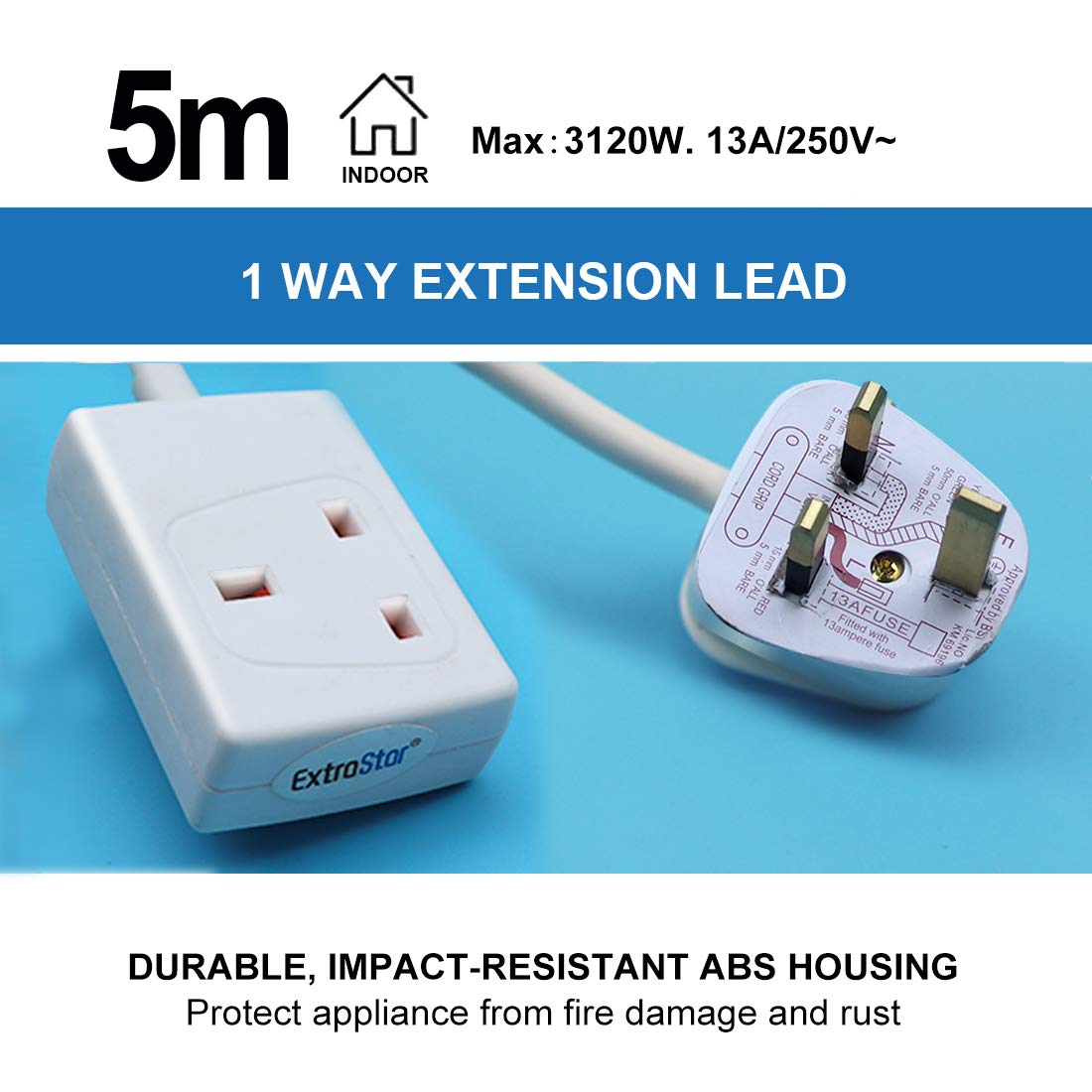 ExtraStar 1 Way Gang Single Socket Mains Power Extension Lead 13A UK 3Pin Plug - 5 Metre Cable, White