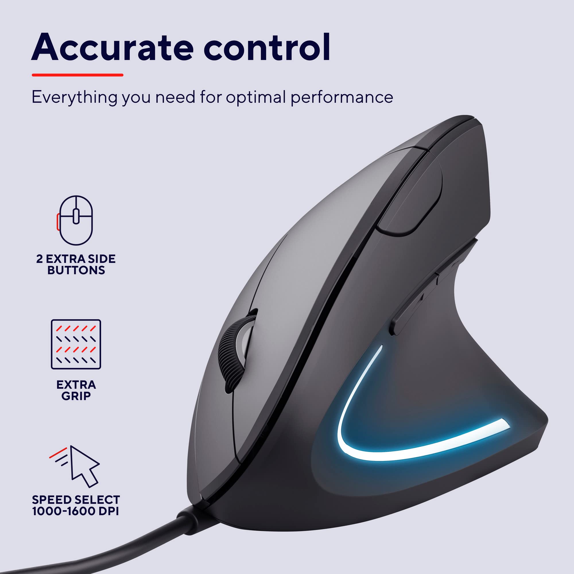 Trust Verto Wired Ergonomic Mouse, Vertical Mouse with LED Illumination, 1000-1600 DPI, 6 Buttons, for Right Hand Users, Computer Mouse for PC and Laptop - Black