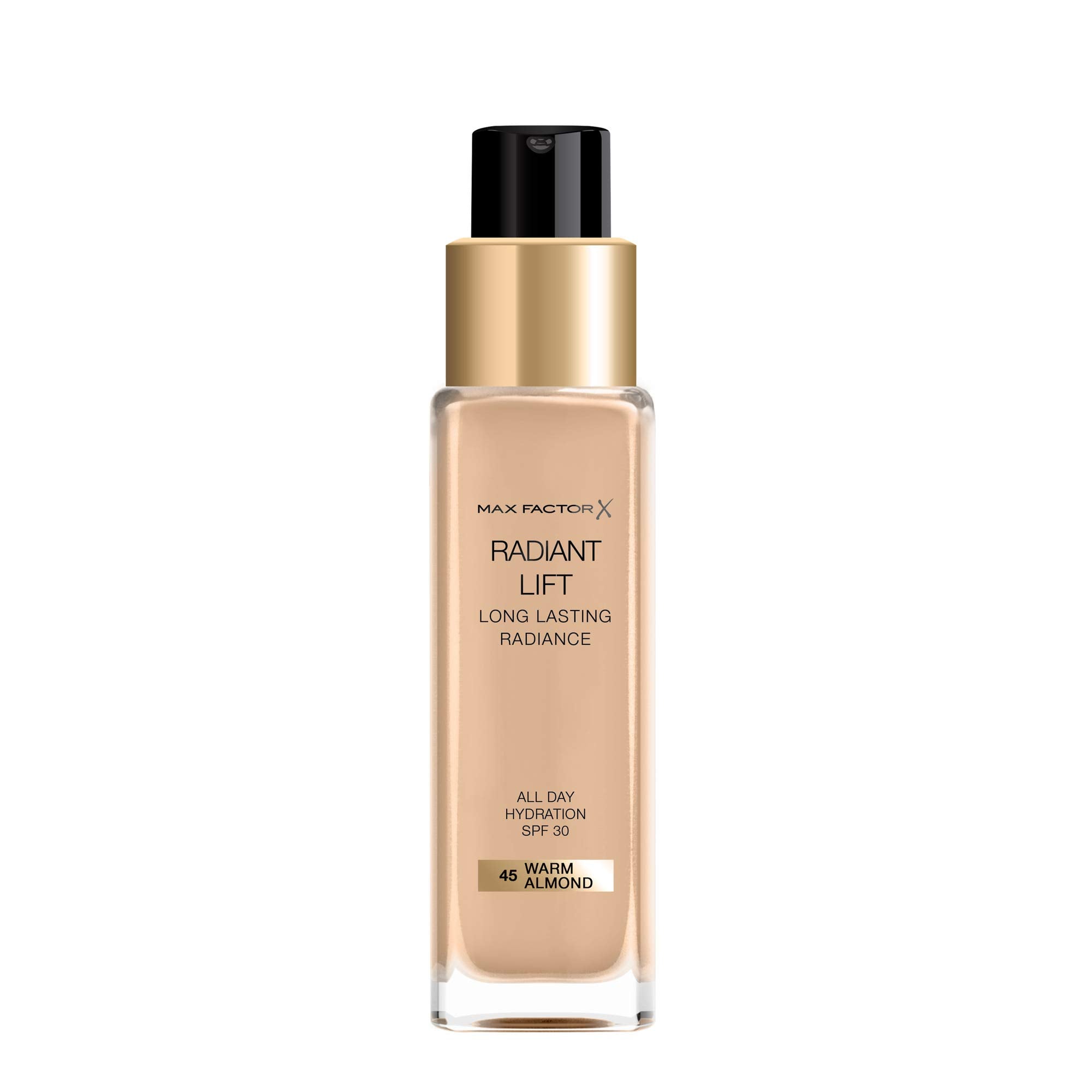 Max Factor Radiant Lift Liquid Pump Medium to Full Coverage Radiant Finish Foundation with SPF30 and Hyaluronic Acid, 045 Warm Almond, Medium Skin Tone, 30ml