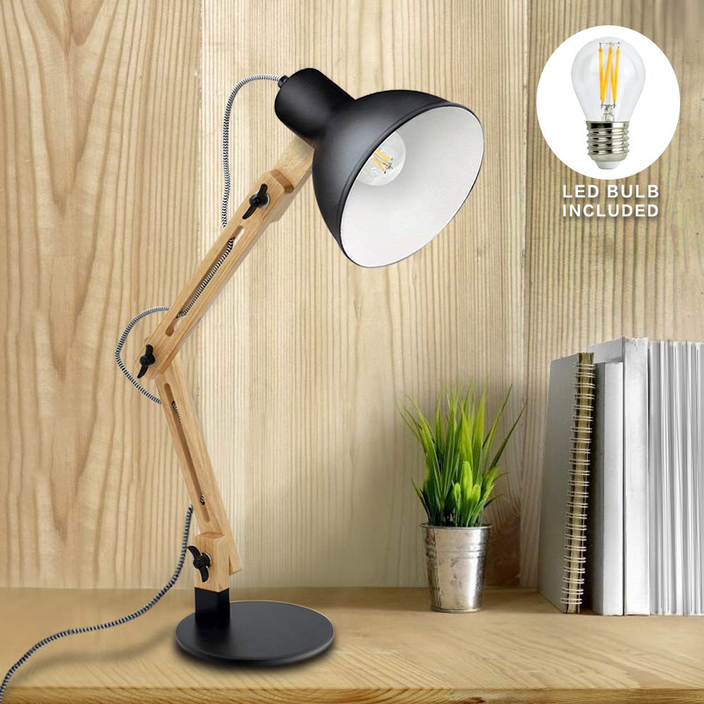 LED Wood Swing Arm Desk Lamp, Black Adjustable Reading Lamp, Designer Table Lamps, Classic Study Lamp, Work Lamp, Office Lamp, Bedside Nightstand Lamp with E27 Bulb Eye Protection