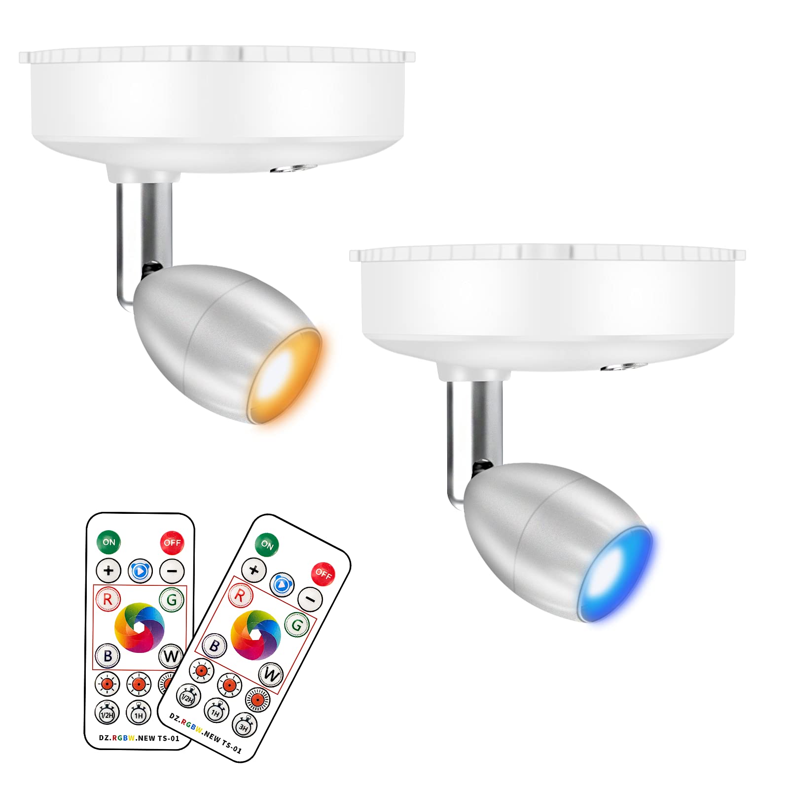 RGB Wireless Spotlight, LED Puck Light, Battery Operated Accent Lights with Remote, Dimmable Puck Light with Rotatable Light Head for Painting Picture Artwork Closet 2pack (RGBW)