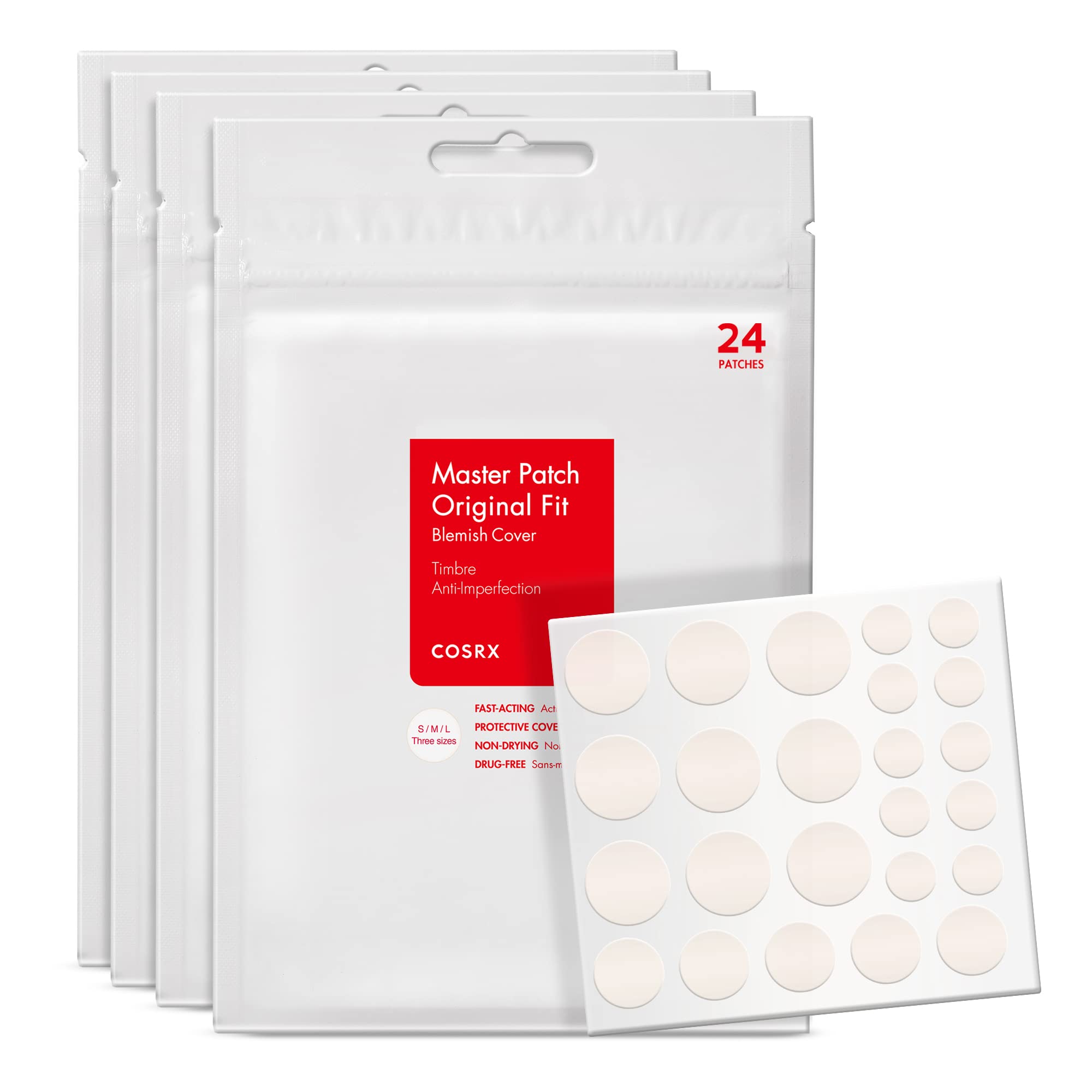 COSRX Master Patch Original Fit (96 counts) Absorbing Hydrocolloid Spot Treatment Fast Healing, Blemish Cover, 3 Sizes