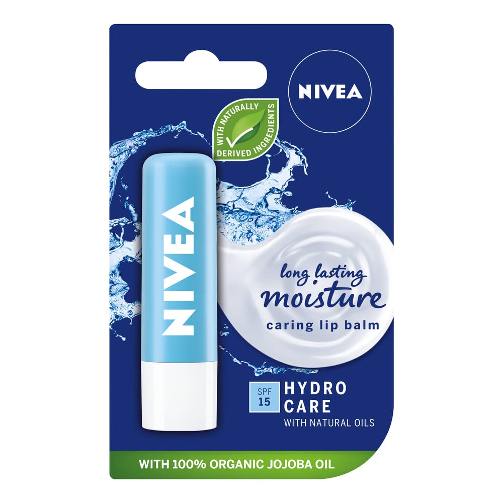 NIVEA Lip Balm Hydro Care with SPF 15 (4.8g), Hydrating Lip Balm with Aloe Vera, Moisturising Lip Care with Natural Oils for 12h Moisture Care, Lip Balm SPF 15