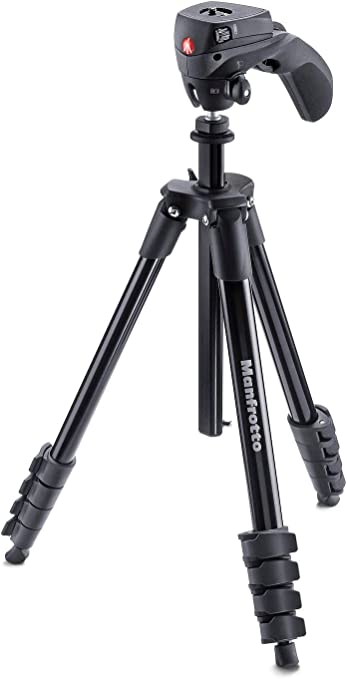 Manfrotto MKCOMPACTACN-BK, Compact Action Aluminium Tripod with Hybrid Head, for Entry-Level, DSLR Camera, Mirrorless, Compact System Camera, Payload 2 kg, Black