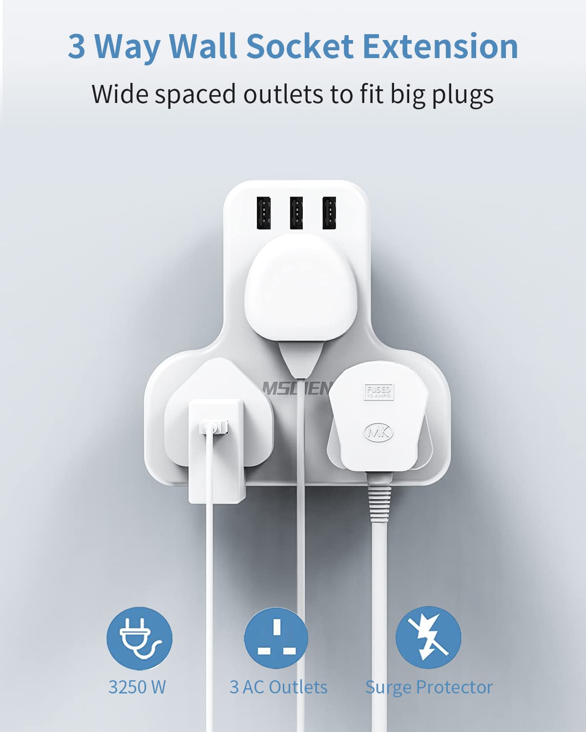 Mscien 3 Way Plug Extension with USB, Multi Plug Extension Sockets with 3 USB, Wall Plug Adapter Turn 1 into 3, Compact Power Extension Adapter
