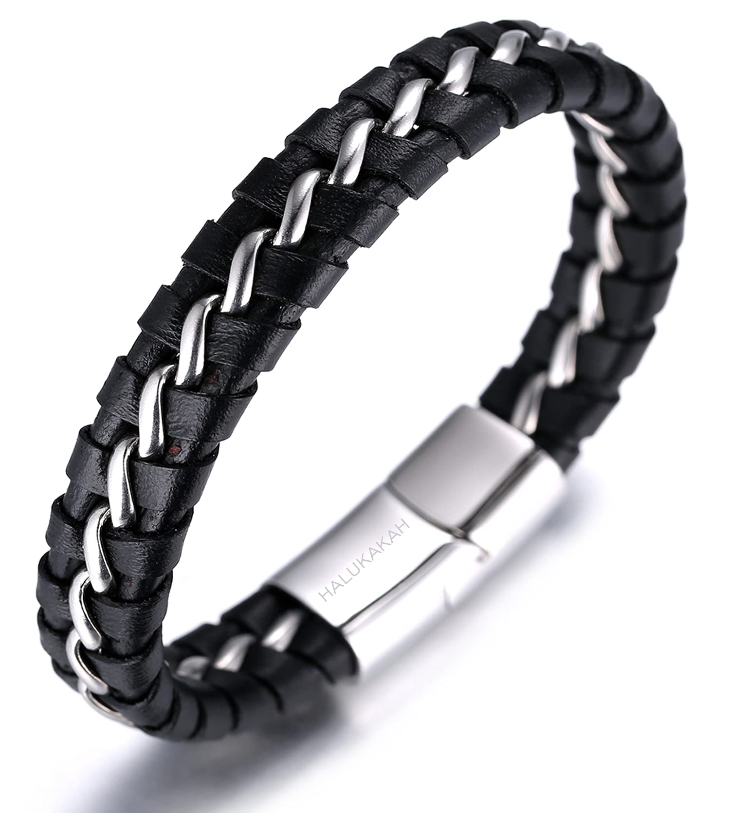 Halukakah Kids ● Solo Junior ● Boy's Genuine Leather Bracelet Black 6-12+3 Y/O. Titanium Golden/Silver Chain Magnetic Clasp Size Adjustable 7"-7.7"(18-19.5cm) with Free Giftbox