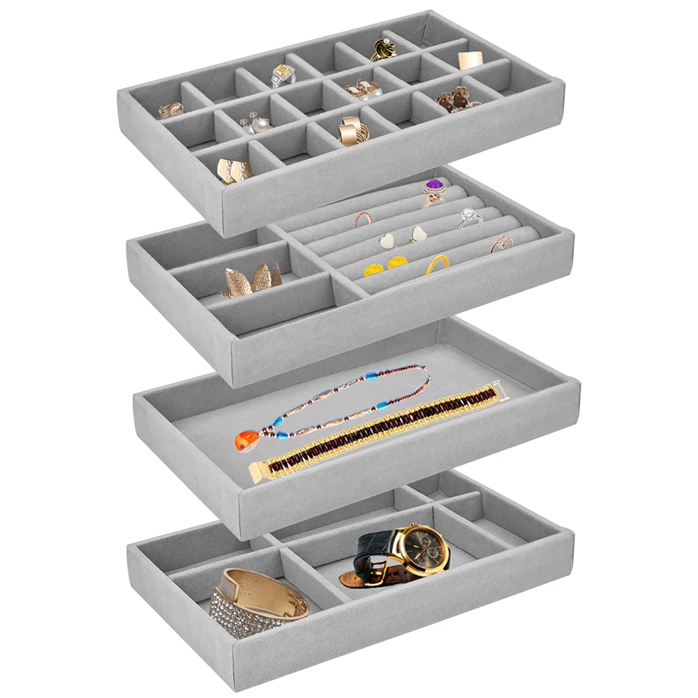 BUZIFU Jewellery Organiser Tray Stackable Velvet Jewelry Trays Organizer Jewelry Storage Tray for Drawer Jewelry Divider Showcase Display Box Earring Necklace Bracelet Ring Organizer, Set of 4 (Grey)