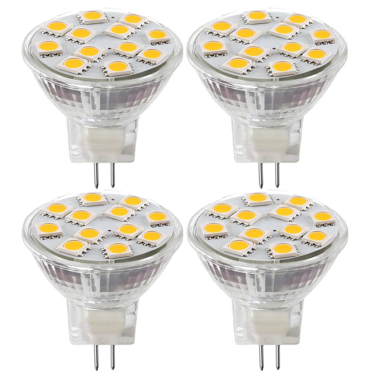 2.4W LED MR11 Light Bulbs, 12v 20w Halogen Replacement, GU4 Bi-Pin Base, Soft White 3000K, (Pack of 4)