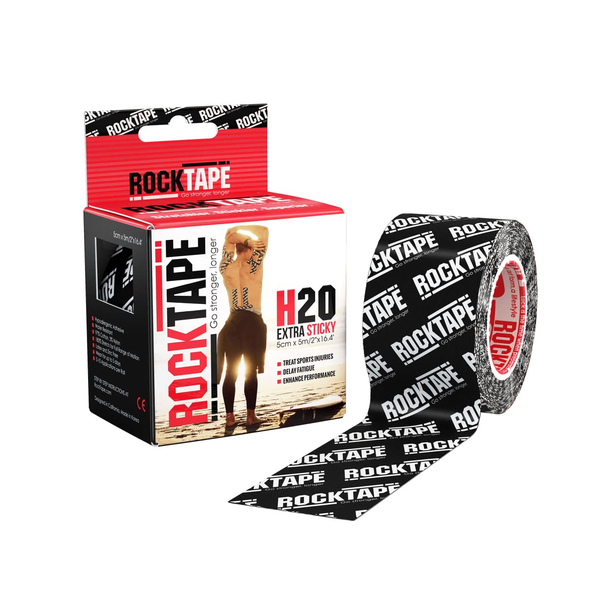 RockTape Unisex's 2" H2O Black Logo Tape, Small, Uncut Roll-5cm Wide