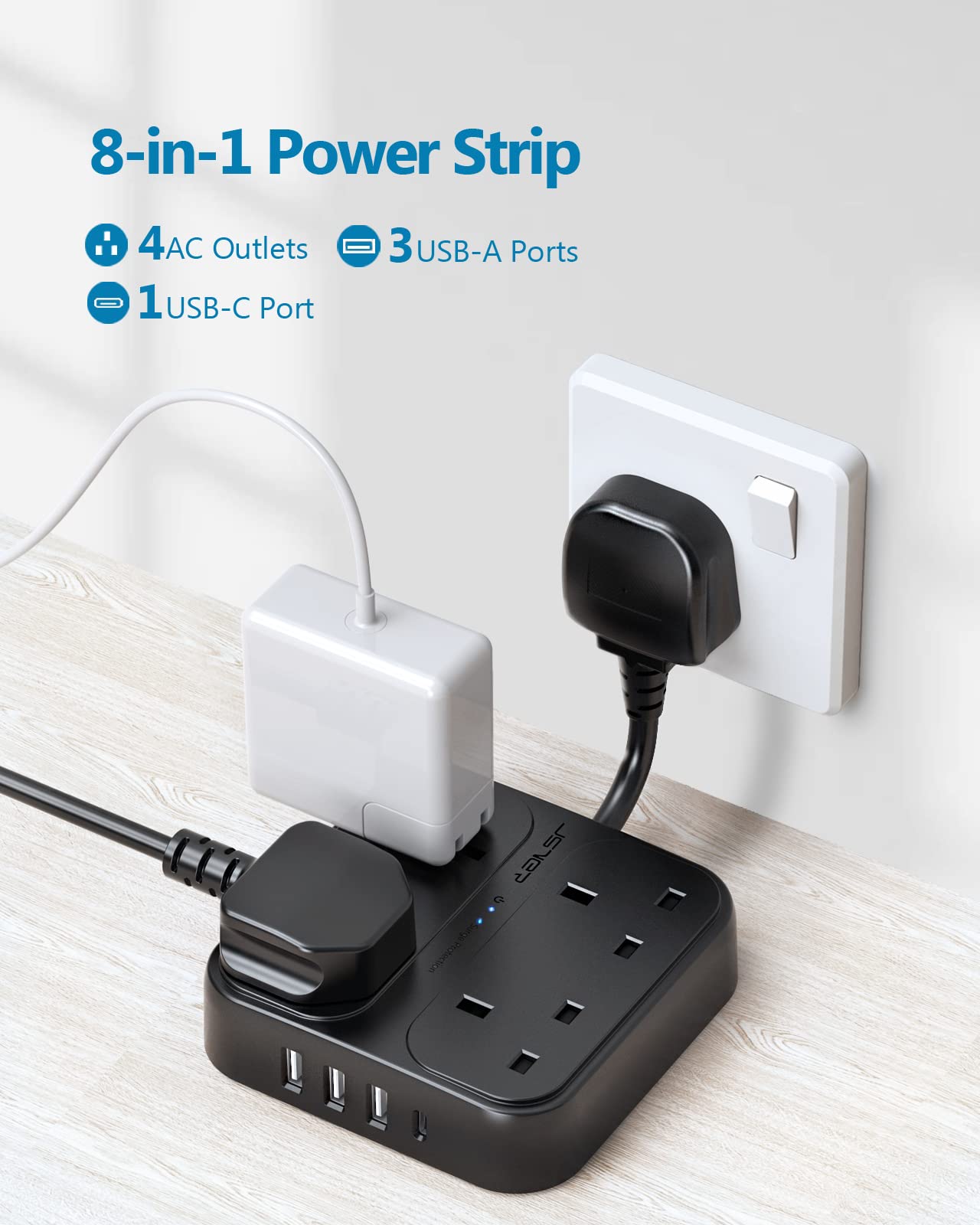 JSVER Extension Lead with 4 USB Ports Plug Extension with 4 Outlets (3250W)and 1 USB C Port,3 USB A Ports Power Socket Surge Protection for Home Travel, Black