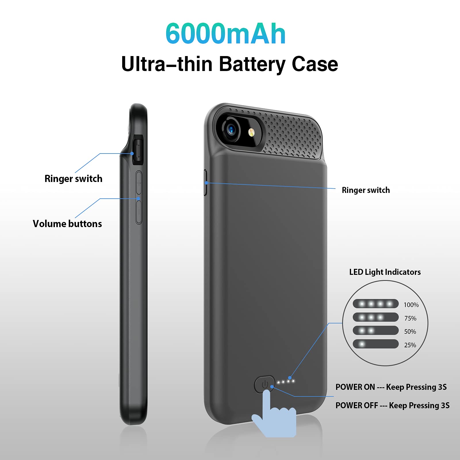 Battery Case for iPhone 6/6s/7/8/SE 2020/SE 2022, ATGIH Real 6000mAh Ultra Slim Extended Power Case Protective Smart Charger Cover for Apple iPhone Support Lighting C Type Changing-4.7inch, Black