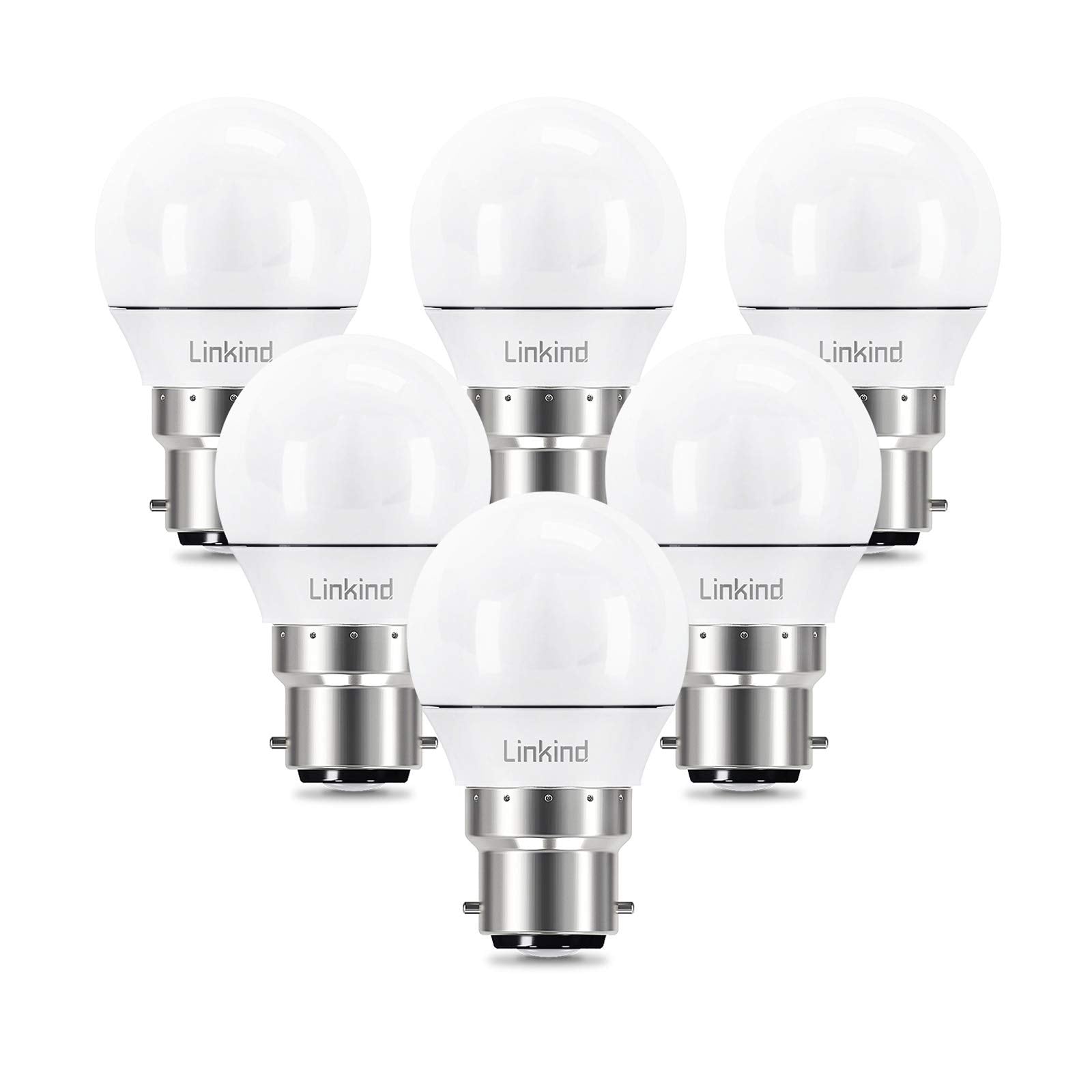 Linkind 5W Dimmable B22 LED Light Bulb, 40W Equivalent Golf Ball Light P45(G45) Bulbs, Warm White 2700K 470LM, Bayonet Cap, Not Suitable for 3-Way Dimmable Lamps, 6 Pack