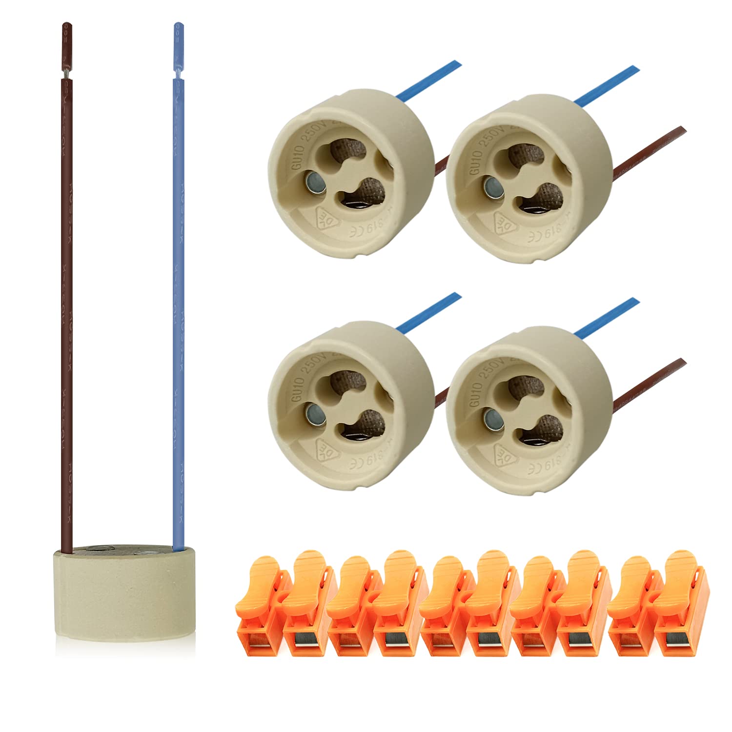 5 Sets of GU10 Lamp Holders,High Temperature Resistant Silicon Wire is Connected to GU10 Connector Ceramic Base, 0-250V ，Including Quick Connect terminals,Suitable for LED Bulbs.