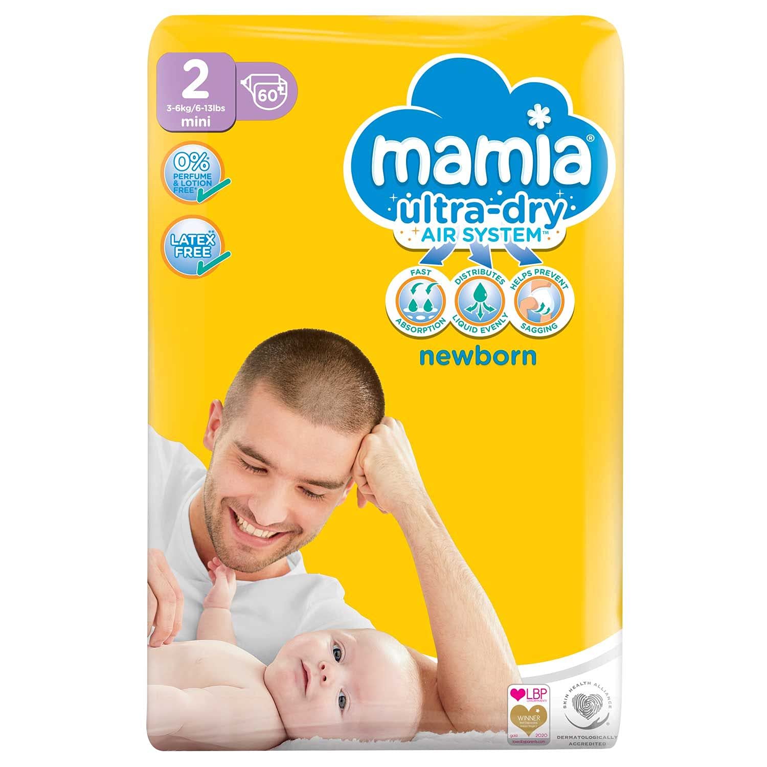 Nappies Size 2 Mamia Jumbo Pack 60 + Free Baby Wipes