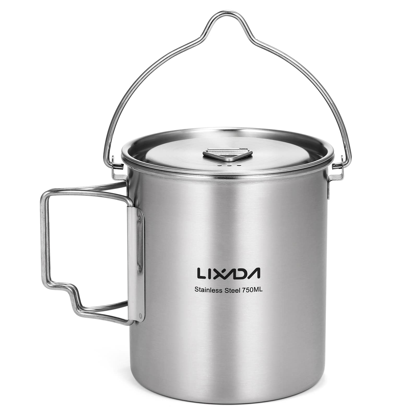 Lixada Camping Water Cup with Foldable Handles and Lid 750ml Stainless Steel Mug Hanging Pot for Camping Hiking Backpacking Picnic