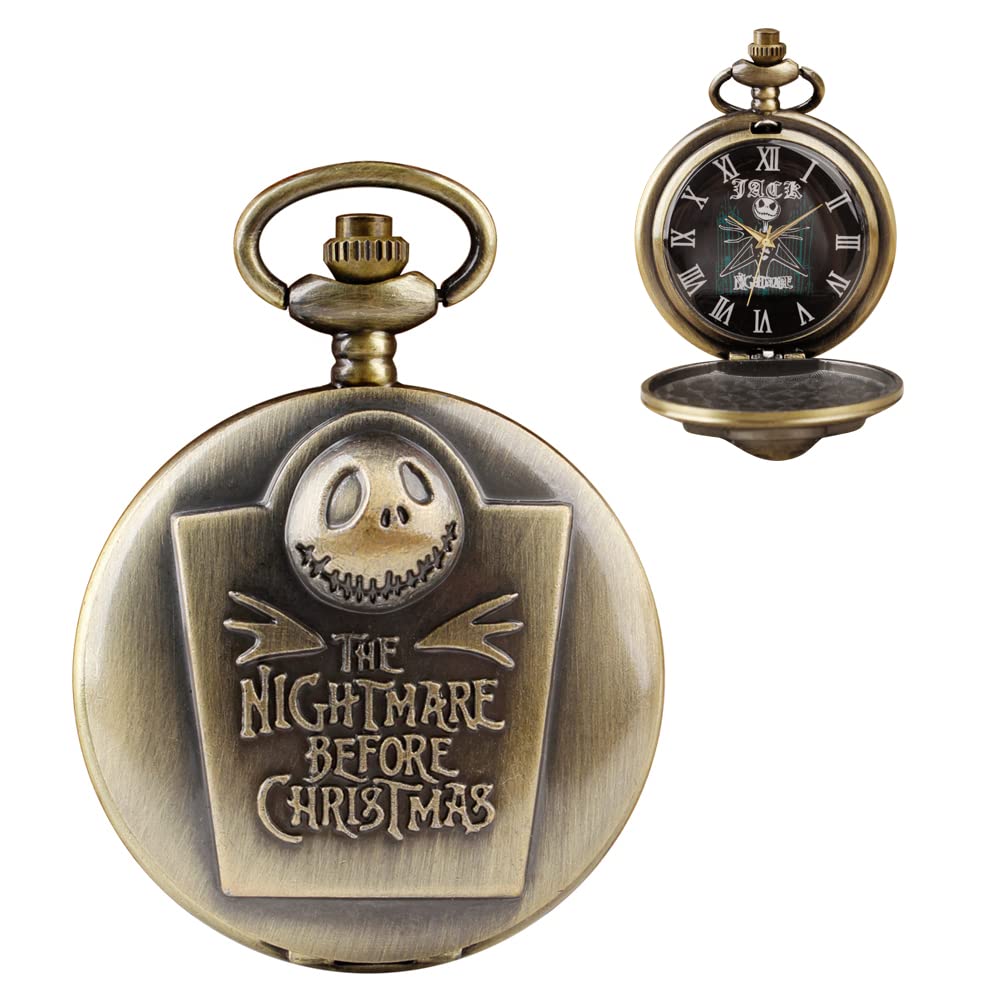 Pocket Watch Tim Burton's Nightmare Before Christmas Arabic Numerals Quartz Pocket Watch Chain for Men Birthday Christmas Halloween Gifts