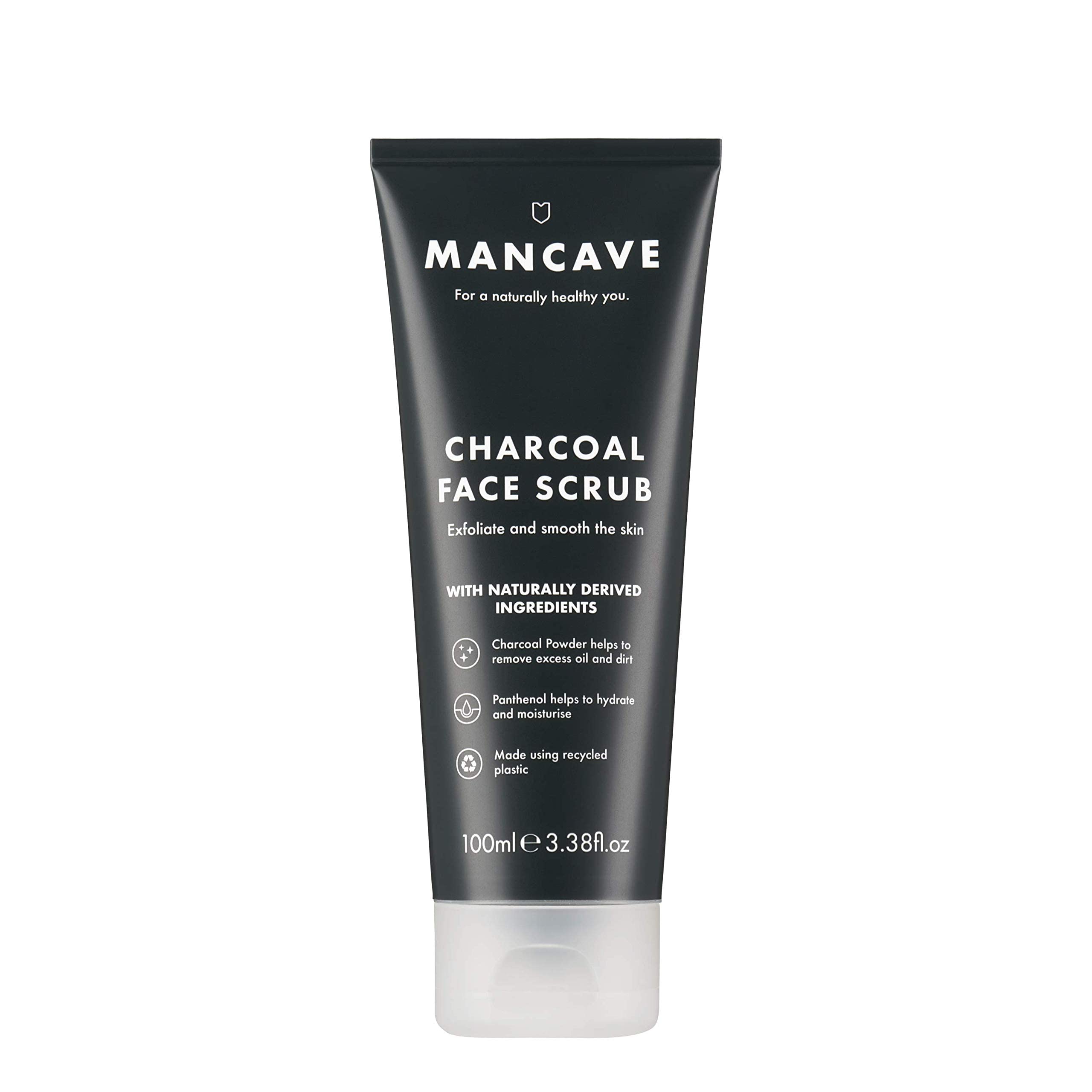 ManCave Charcoal Face Scrub 100ml for Men, Exfoliate & Smooth Oily Skin, Natural Formulation, Vegan Friendly, Tube made from Recycled Plastics