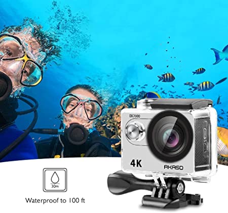 AKASO EK7000 4K Sport Action Camera Ultra HD Camcorder 12MP WiFi Waterproof Camera 170 Degree Wide View Angle 2 Inch LCD Screen W/2 Rechargeable Batteries/19 Accessories Kits- Silver