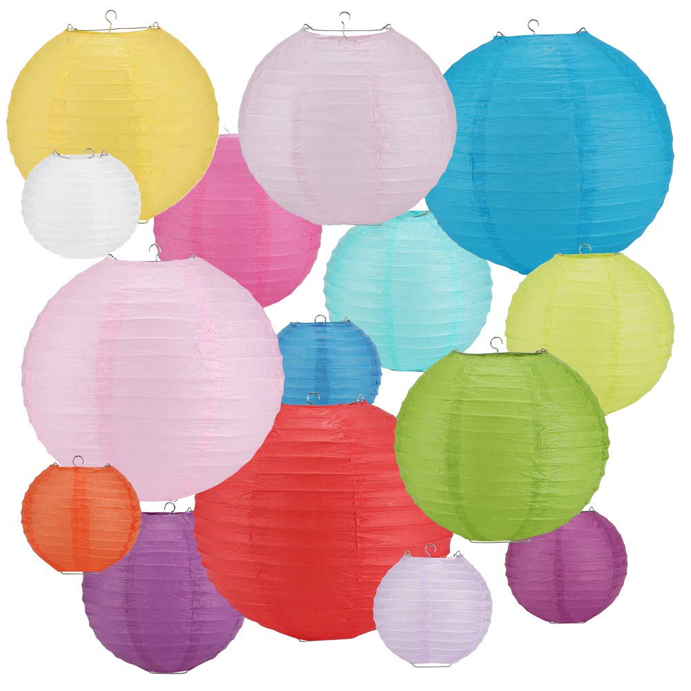 16 PCS Paper Lanterns Round Colorful Paper Lantern with Wire Ribbing, Different Sized Colorful Lampshades, 6" 8" 10" 12"Paper Lampshades for Weddings, Parties, Celebrations, Patios