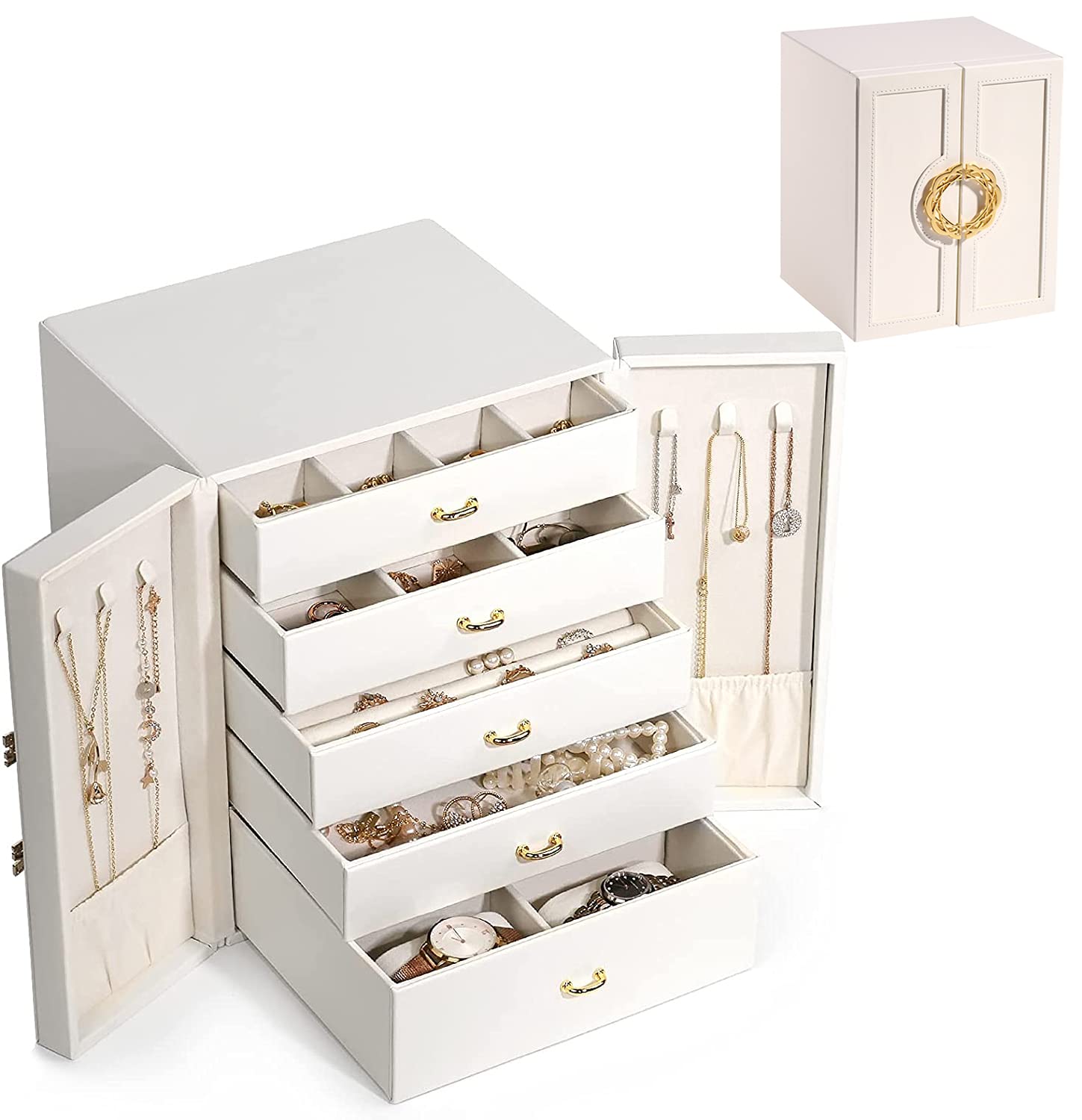 Large Jewellery Box Jewelry Organiser,5-Layer Jewelry Display Storage Case for Earring Necklace Bracelets Rings Watches Jewelry Holder (White)