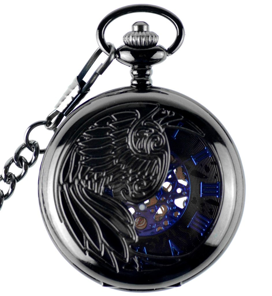 Infinite U Eagle/Angel/Phenix Blue Roman Numerals Dial Mechanical Pocket Watch Skeleton Steel Pendant Necklace Black