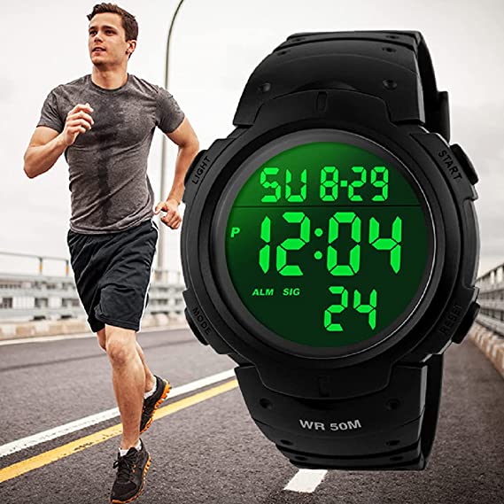Mens Sports Digital Watches - Outdoor Waterproof Sport Watch with Alarm/Timer, Big Face Military Wrist Watches with LED Backlight for Running Men - Black by VDSOW