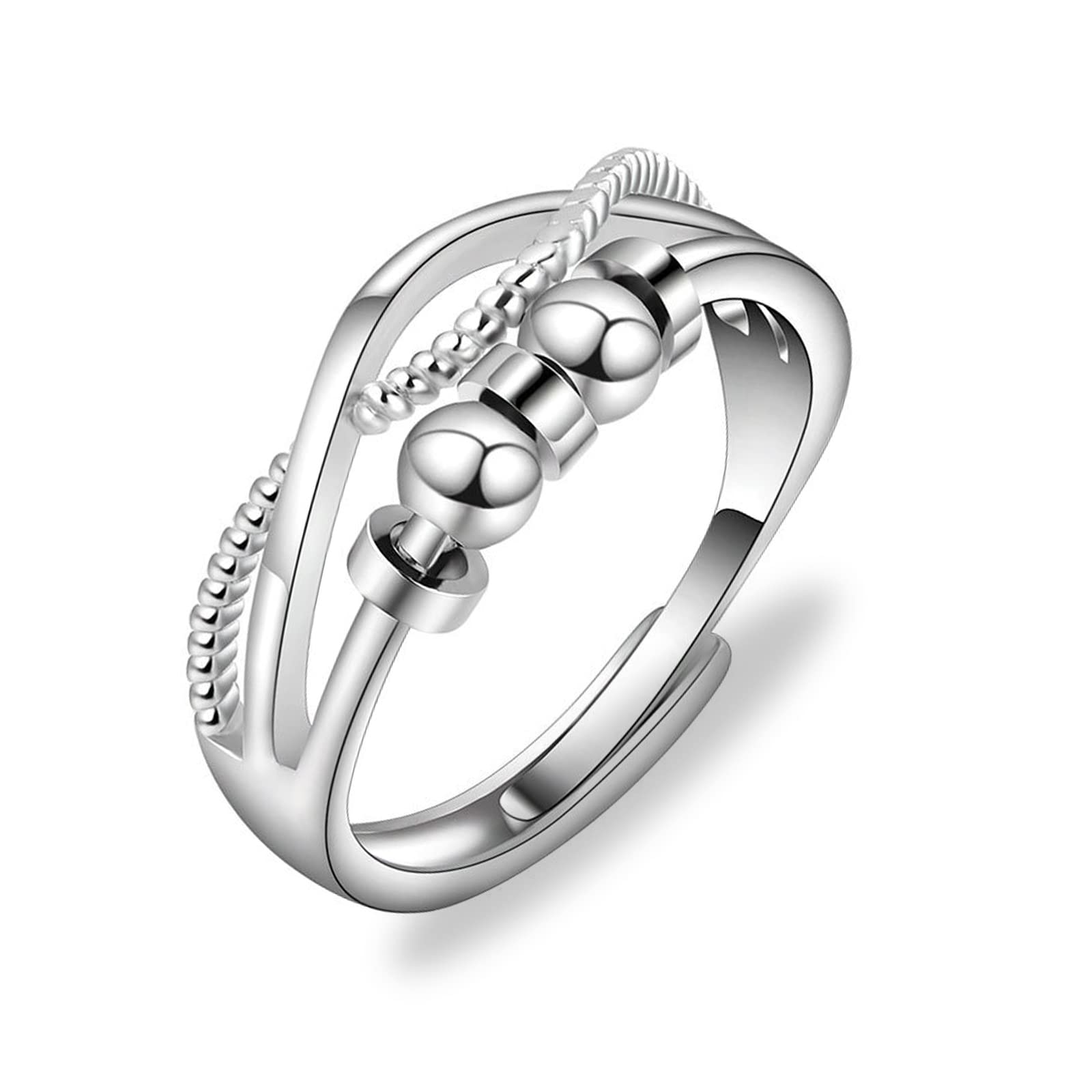 FUNTE Silver Fidget Rings for Anxiety Women - 925 Sterling Silver Silver Anxiety Ring - Adjustable Beads Stress Relieving Spinner Ring -Cubic Zirconia Thumb Rings for Stress Relief - With Gift Box