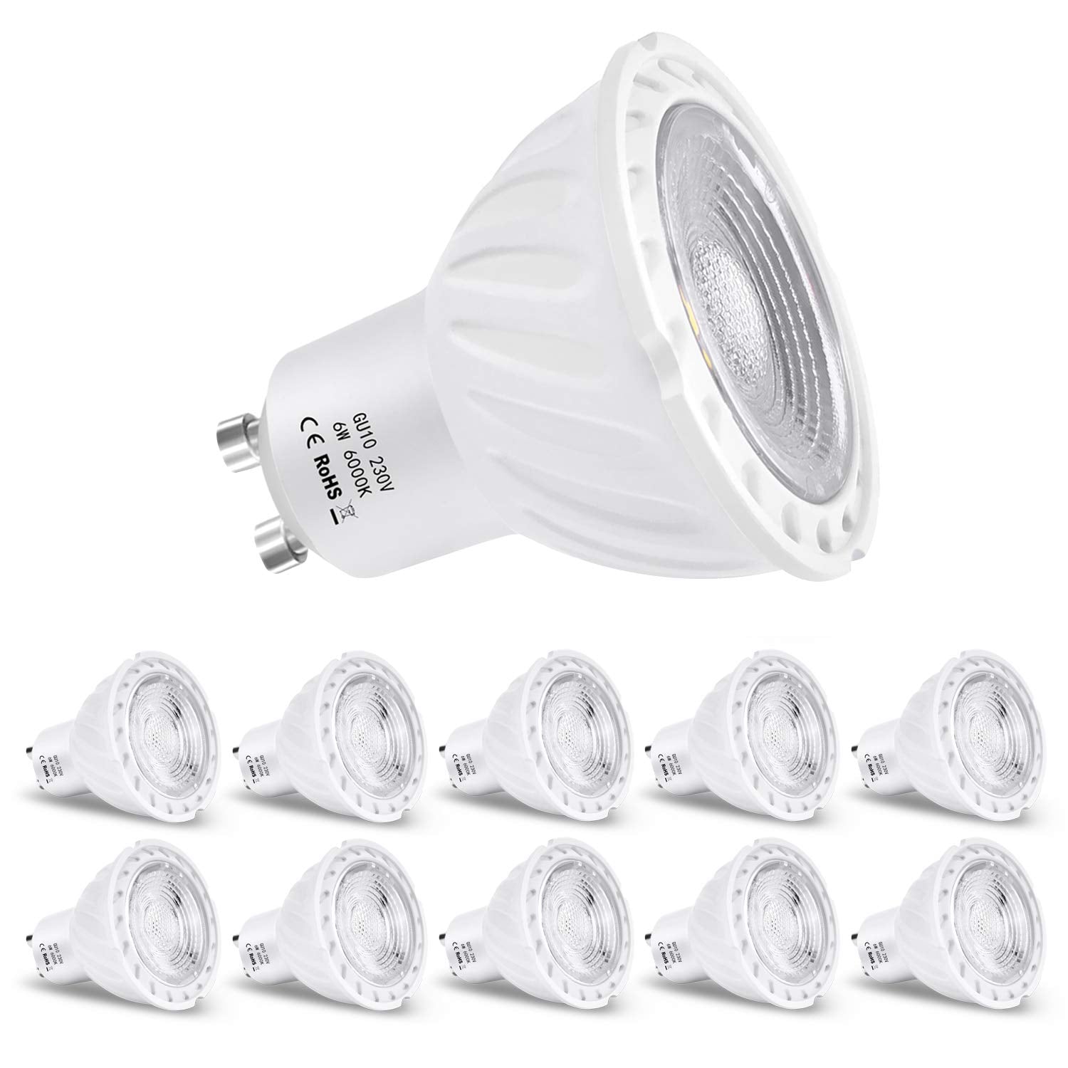 ZIKEY 6W GU10 LED Light Bulb Cool White 6000K, 600LM (Replacement for 60W Halogen Bulb) Energy-Saving Spotlight Bulb Non-dimmable - 10 Pack