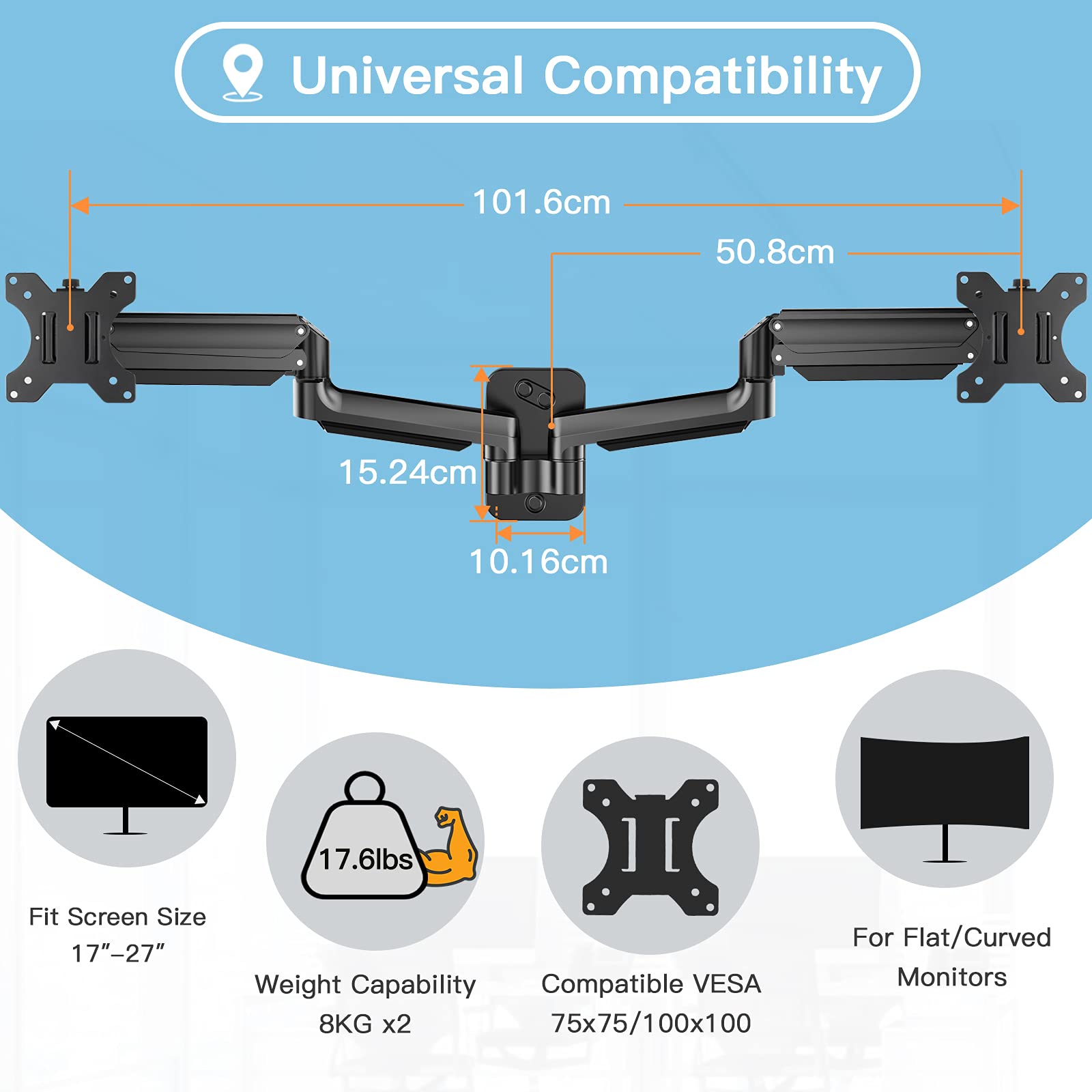 HUANUO Dual Monitor Wall Mount for 17 - 27 inch Screens, Wall Mounted Monitor Arm with Gas Spring Arm, Wall Mount Monitor Arm Support VESA 75/100mm, Load Capacity 3-8KG