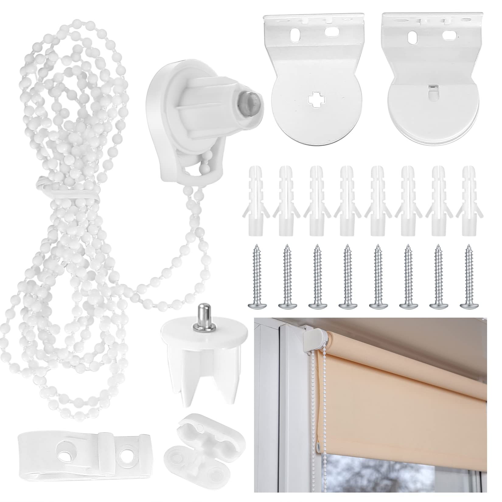 Roller Blind Fittings, Roller Blind Spares Replacement Repair Kit, 25mm / 1'' Rolling Blind Roman Shade Blind Accessories with Pull Cord & Brackets & Screws